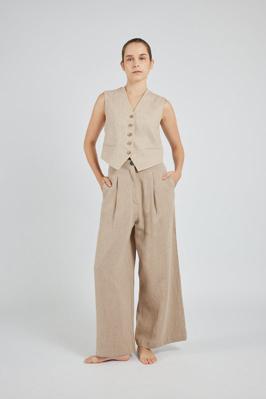 Linen Wide-Leg Trousers - Beige