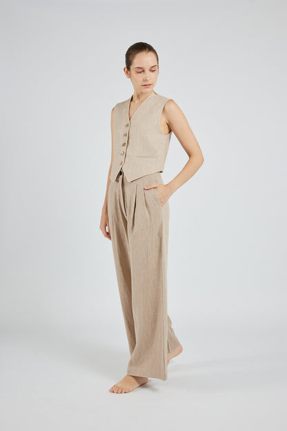 Linen Wide-Leg Trousers - Beige