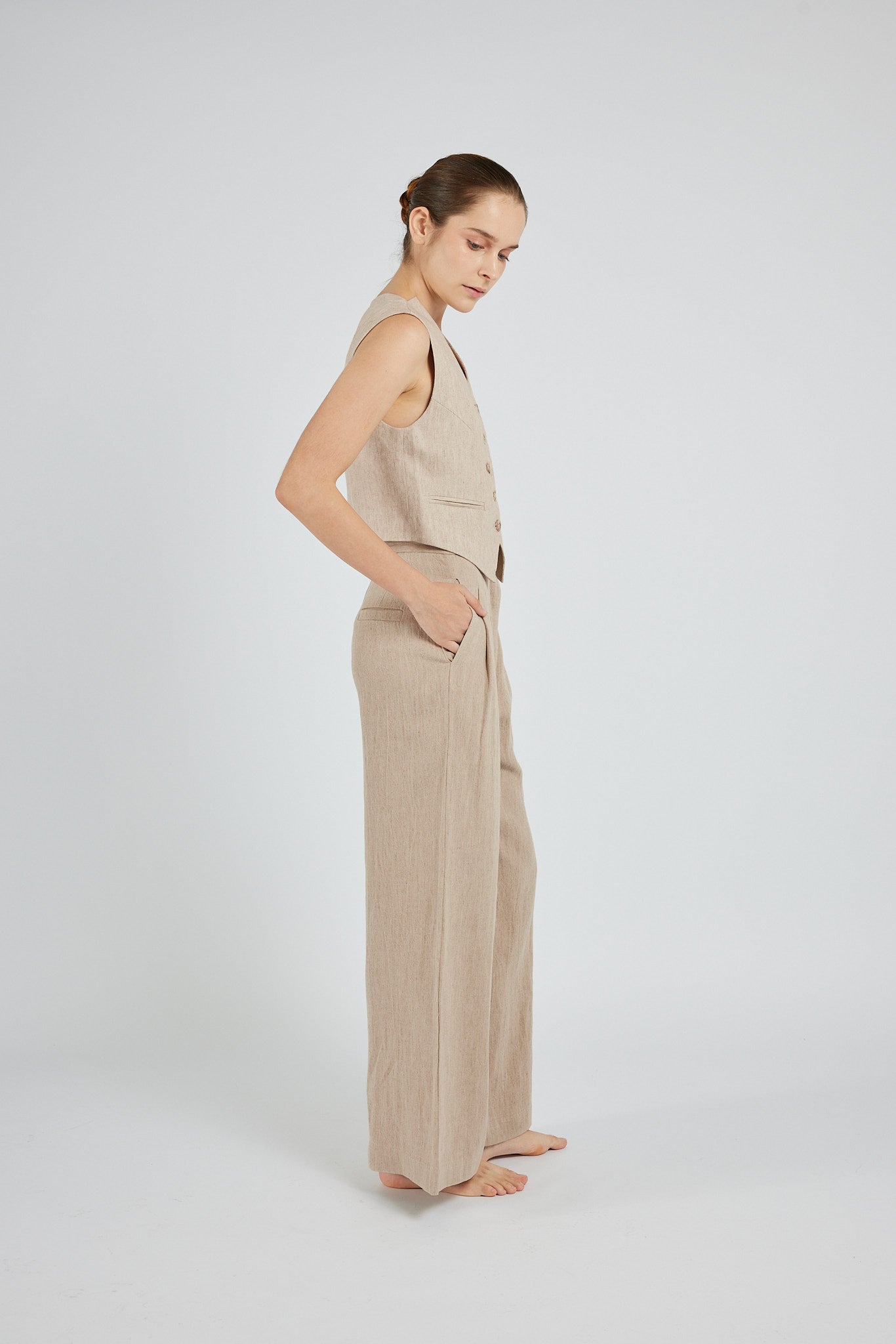Linen Wide-Leg Trousers - Beige