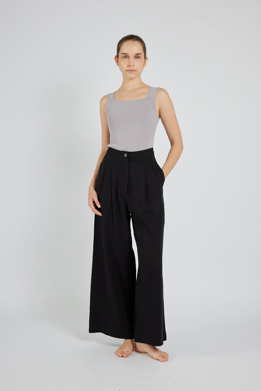 Linen Wide-Leg Trousers - Black