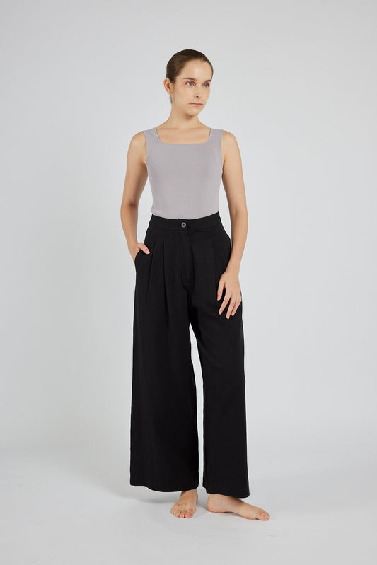 Linen Wide-Leg Trousers - Black