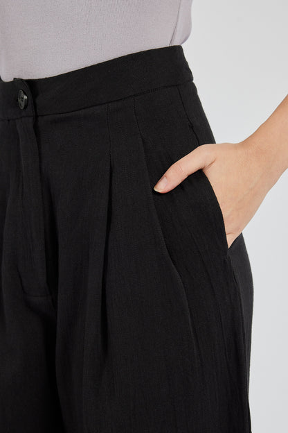 Linen Wide-Leg Trousers - Black
